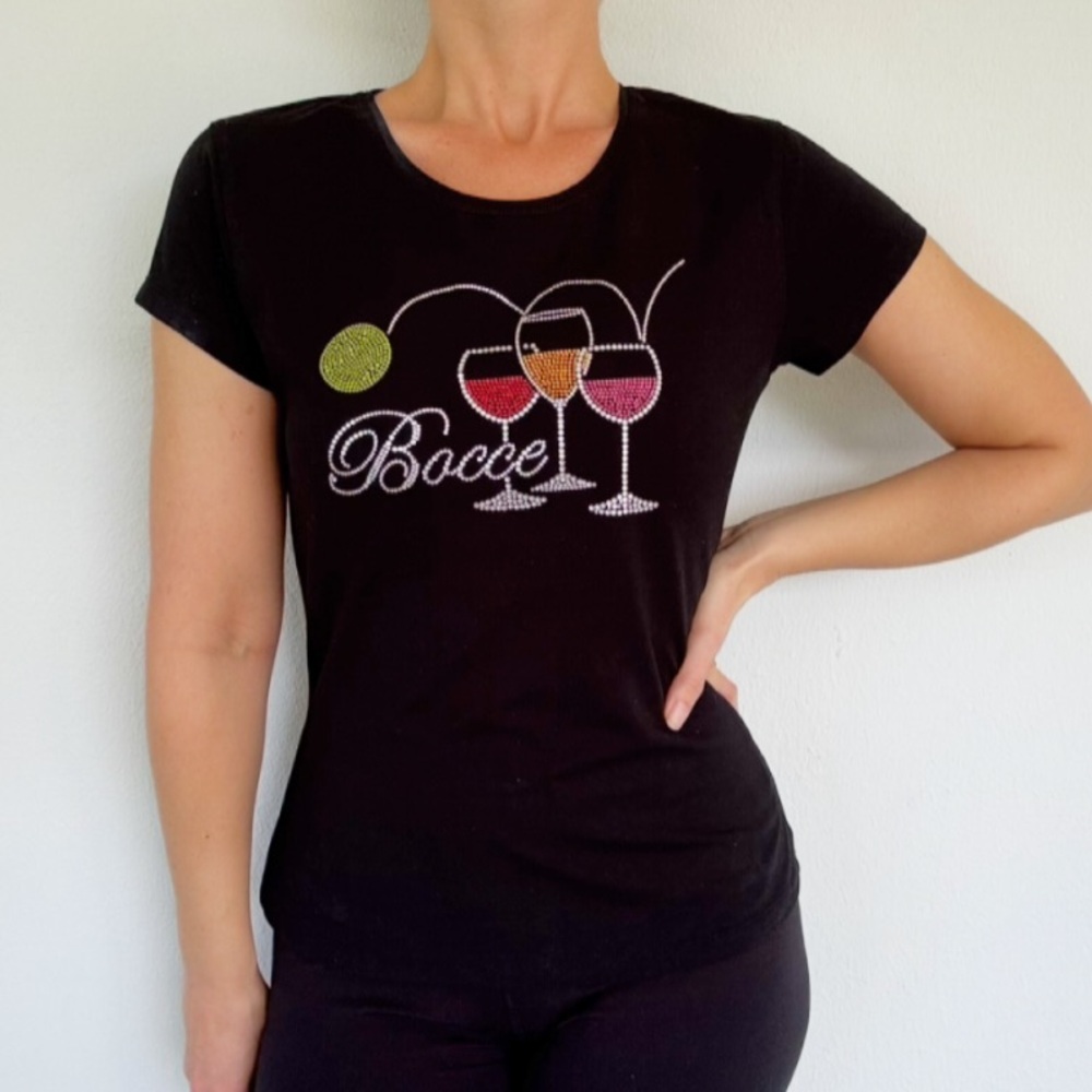 Vintage custom made Bocce wine glass rhinestone black short sleeve tee large